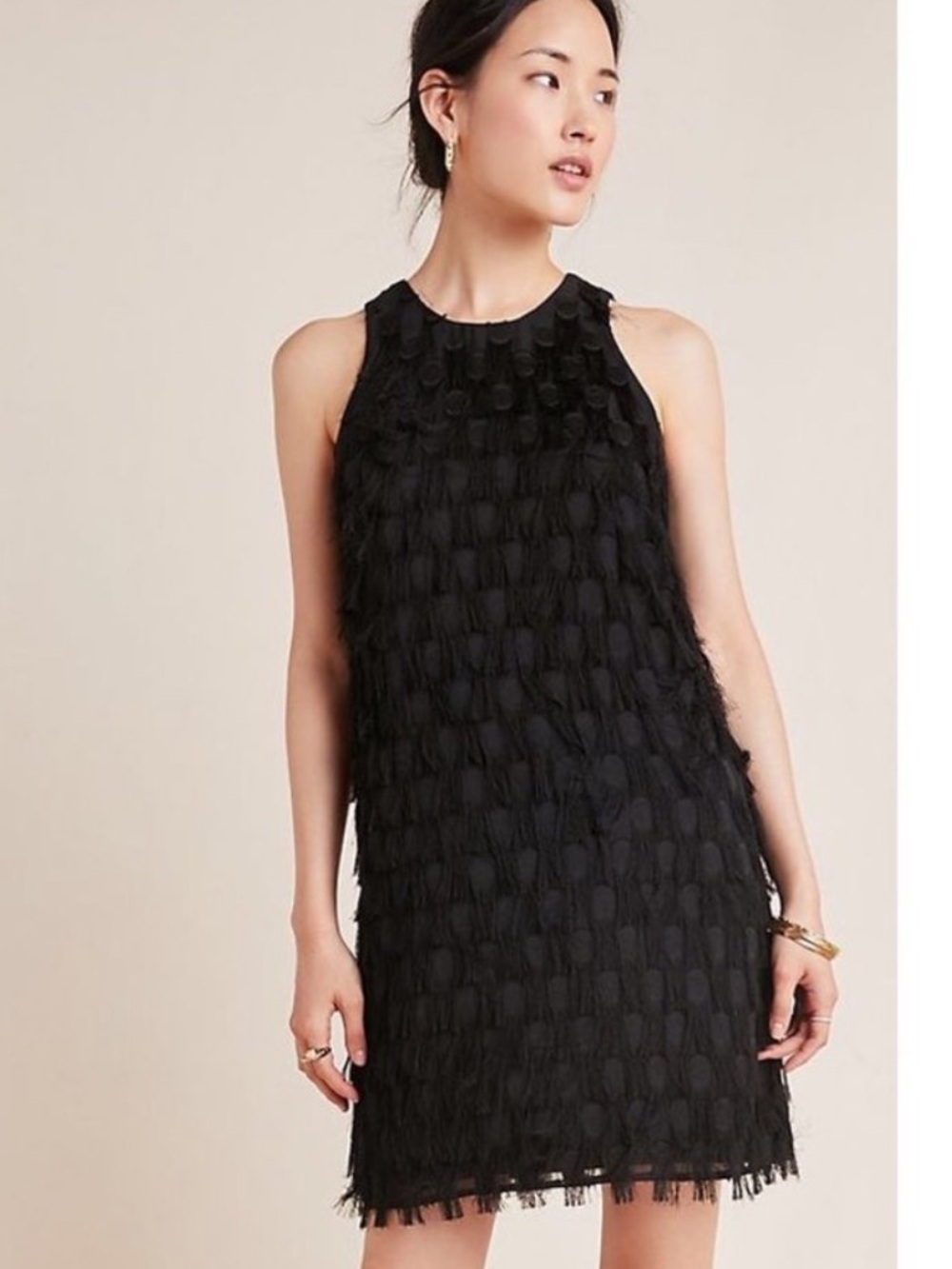 Anthropologie Black Fringe Dress US 12 Sleeveless Lined Cocktail Party